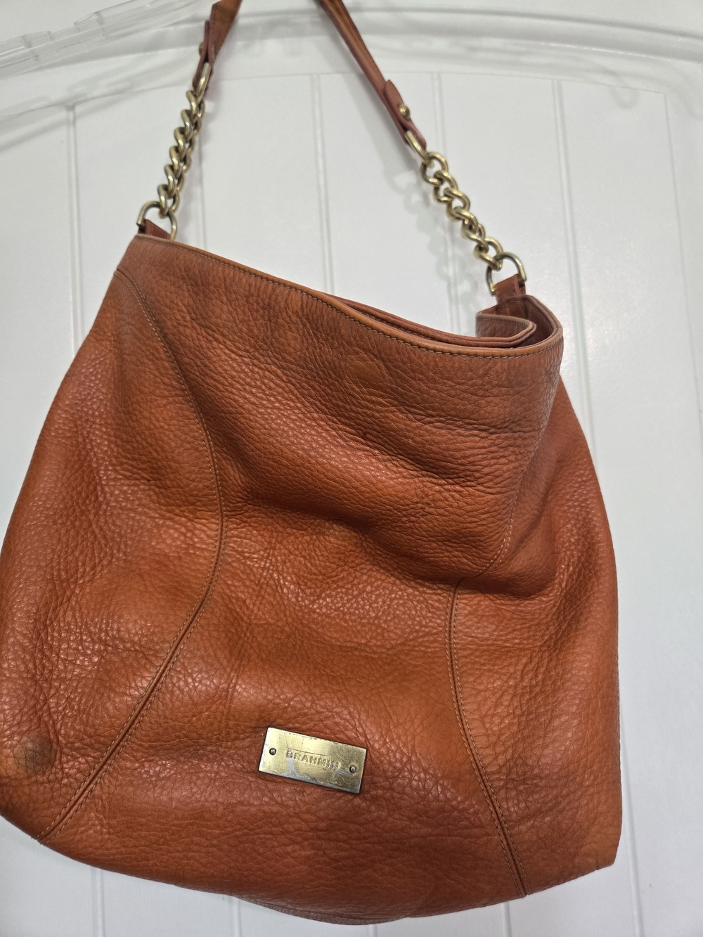 Brahmin Pebbled Leather Hobo in Burnt Orange with Gold Chain